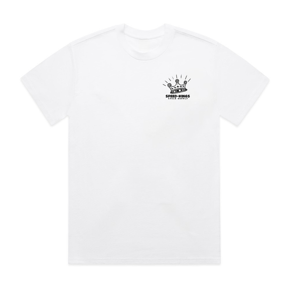White t-shirt with a black Speed Kings Motorcycle Supply logo on a white background