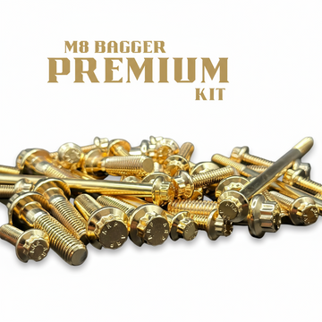 BAMCO M8 Bagger Premium ARP stainless steel bolt kit for Harley‑Davidson — close-up of gold-plated bolts and washers