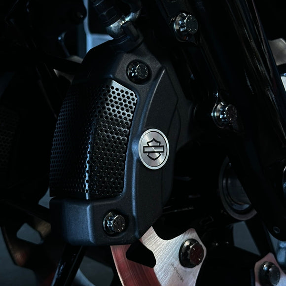 Close-up of BAMCO ARP stainless bolts installed on a Harley-Davidson Bagger, Touring Caliper Pinch Bolt ARP Kit