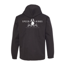 Black waterproof hoodie with 'Speed Kings Cycle Supply' logo on the back against a white background