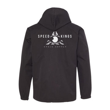 Black waterproof hoodie with 'Speed Kings Cycle Supply' logo on the back against a white background