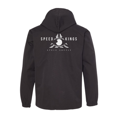 Black waterproof hoodie with 'Speed Kings Cycle Supply' logo on the back against a white background