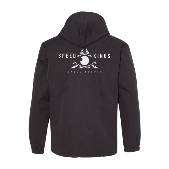 Black waterproof hoodie with 'Speed Kings Cycle Supply' logo on the back against a white background