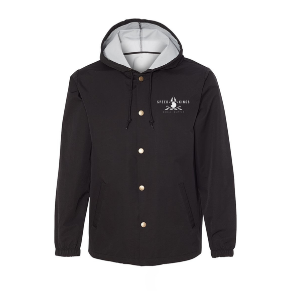 Waterproof Coaches Black hooded jacket with Speed Kings logo on a white background