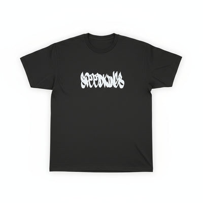 Black t-shirt with white SPEEDKINGS text on a white background