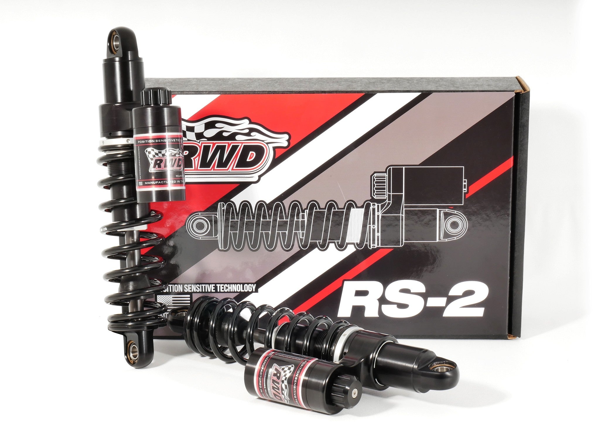 RWD V-Twin RS-2 rear shocks for Dyna with billet piggyback reservoir and 12-click compression adjustment