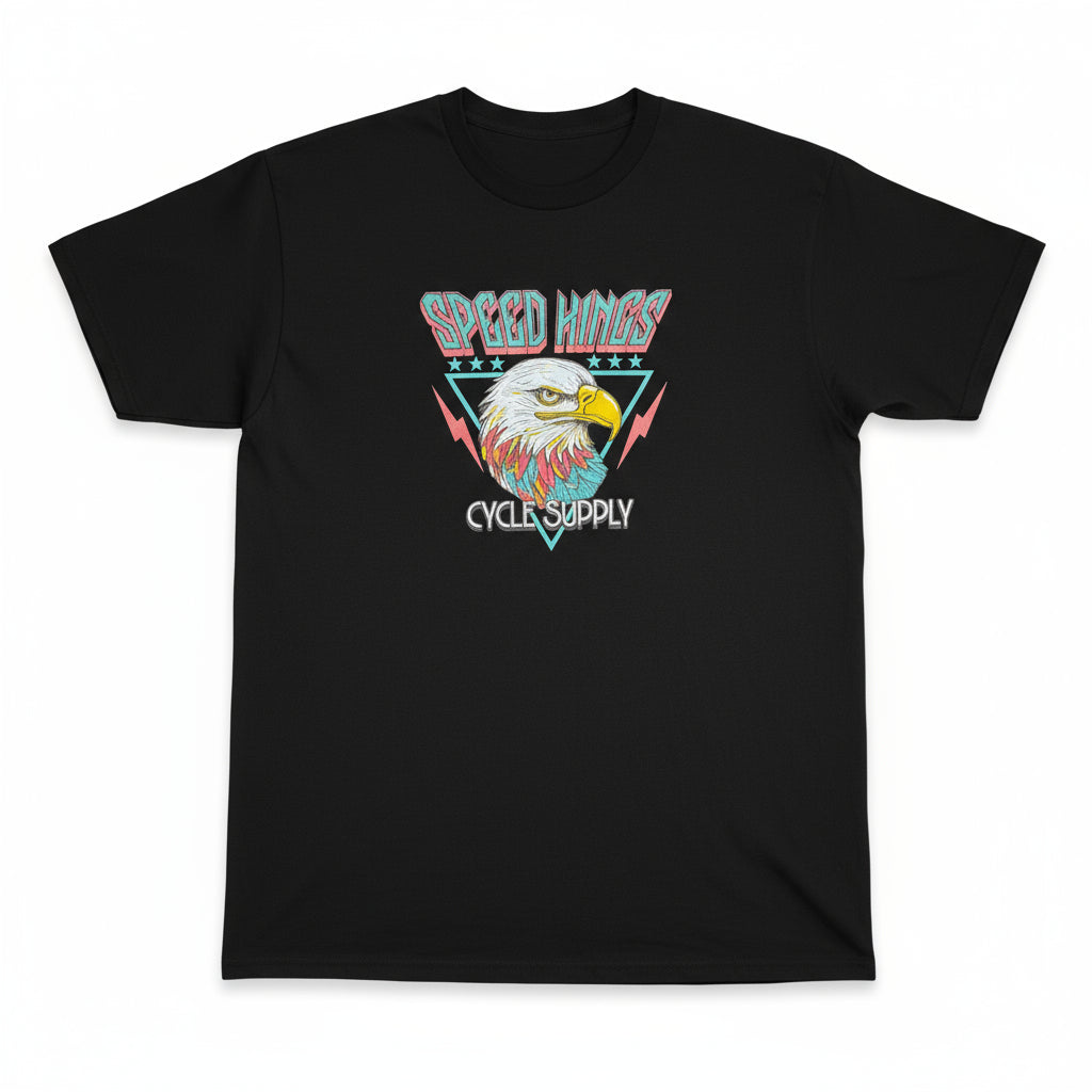 Black t-shirt with an eagle graphic and text on a white background