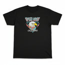 Black t-shirt with an eagle graphic and text on a white background