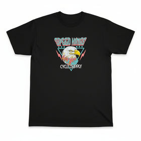 Black t-shirt with an eagle graphic and text on a white background