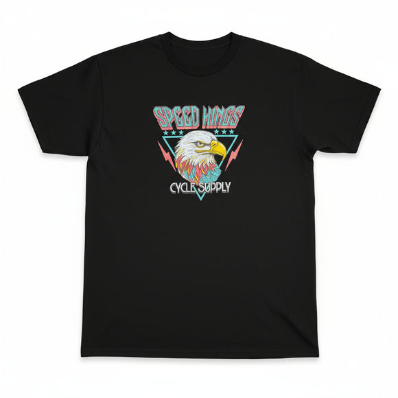 Black t-shirt with an eagle graphic and text on a white background