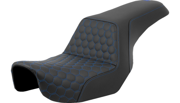 SADDLEMEN STEP-UP SEAT - HONEYCOMB - BLUE STITCHING - DYNA '06-'17