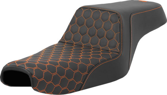 SADDLEMEN STEP-UP SEAT - HONEYCOMB - ORANGE STITCHING - 3.3 GAL TANK - SPORTSTER '04-'22