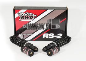 RWD V-Twin RS-2 Touring Performance Package black RS-2 shock absorbers with remote reservoirs and branded RS-2 box
