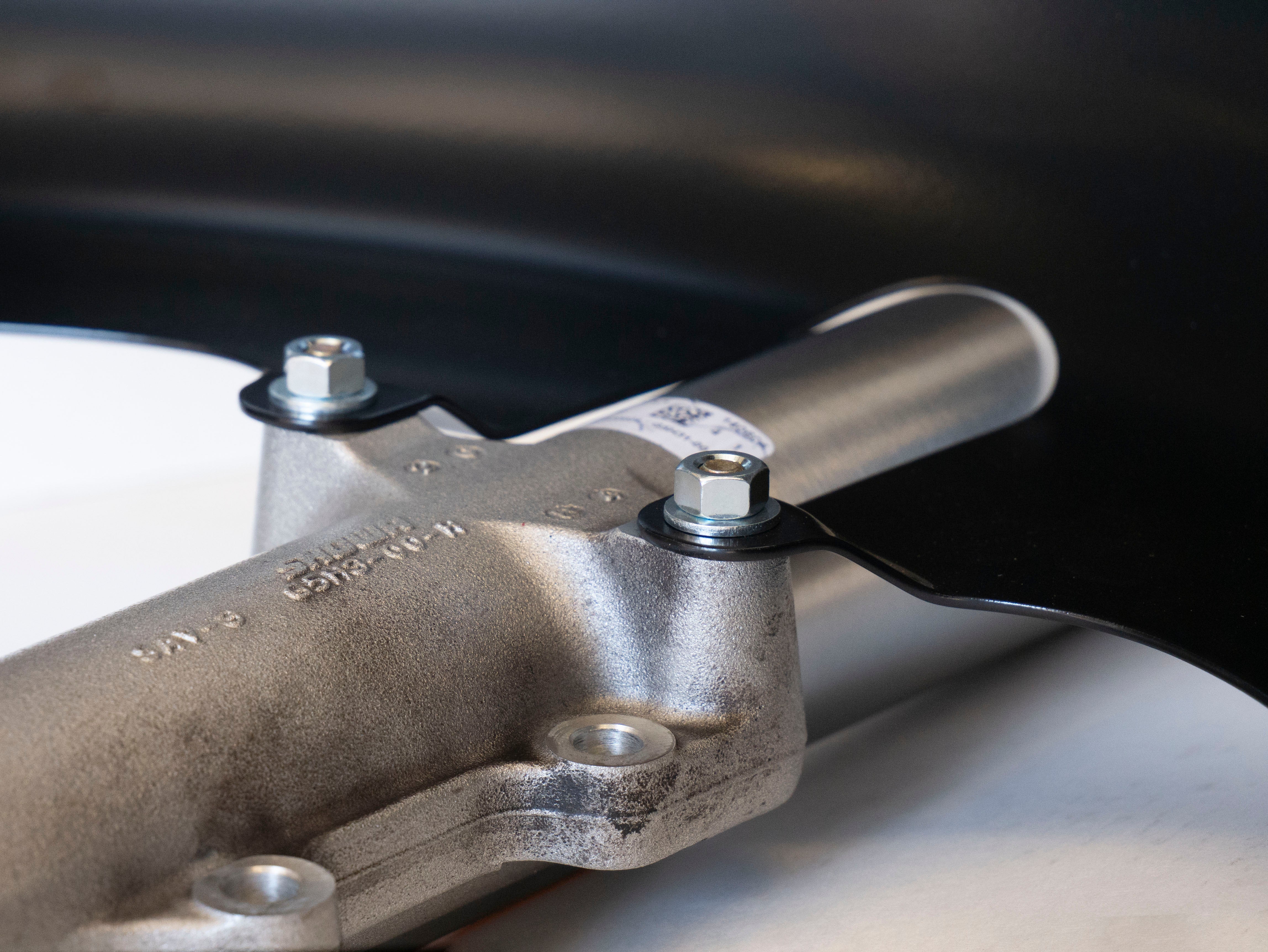 RWD V-Twin 8-inch wide flatback motorcycle front fender mounted on fork inside view