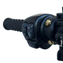 Close-up of Harley-Davidson handlebar control and grip with gold ARP stainless steel bolts by Bamco