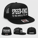 Black trucker cap with white distressed text reading 'SPEED-KINGS' and 'TIL THE WHEELS FALL OFF' on a light gray background, shown from the front with three smaller alternate views along the bottom.
