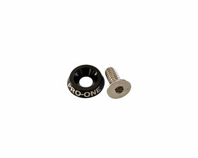 Pro-One black anodized logo seat bolt with stainless steel countersunk SAE 1/4-20 screw, fits 1996‑and‑later Harley‑Davidson models