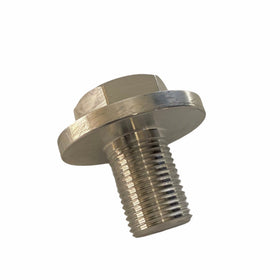 Stainless steel hex flange bolt with threaded shank on white background