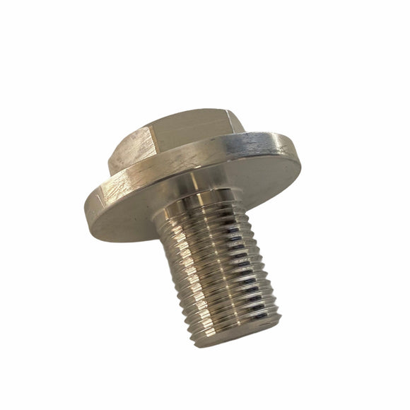 Stainless steel hex flange bolt with threaded shank on white background