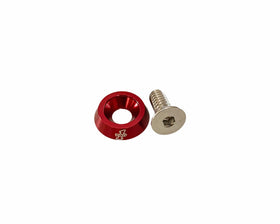 Pro-One logo seat bolt with red anodized billet washer and stainless steel countersunk 1/4-20 screw for 1996+ Harley Davidson