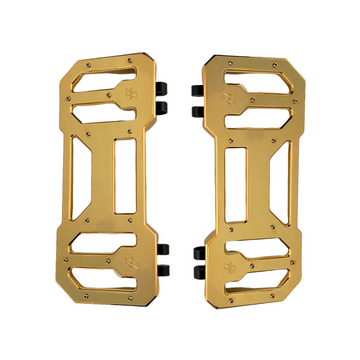 Pair of gold Pro Board V1 12-inch CNC-machined billet 6061 aluminum motorcycle floorboards with set-screw traction pins