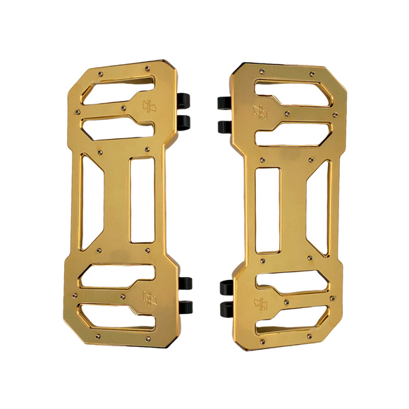 Pair of gold Pro Board V1 12-inch CNC-machined billet 6061 aluminum motorcycle floorboards with set-screw traction pins