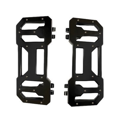 Pair of Pro Board V1 12-inch black anodized billet 6061 aluminum motorcycle floorboards, CNC-machined, thin tapered design with set‑screw traction pins