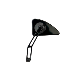 Black triangular motorcycle rearview mirror with slotted metal arm on black background