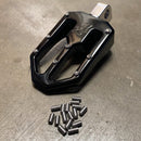 Black BMX/moto foot peg with pack of 16 stainless M4 x .7 x M8 replacement grip set screws