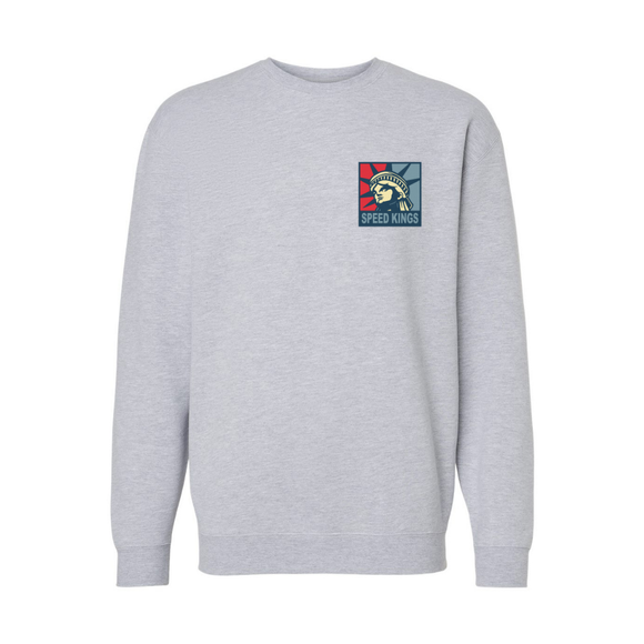 Gray sweatshirt with a Liberty logo on the chest against a white background