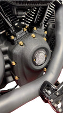 Bamco ARP stainless steel M8 gold‑plated bolts and washers installed on Harley‑Davidson cam cover