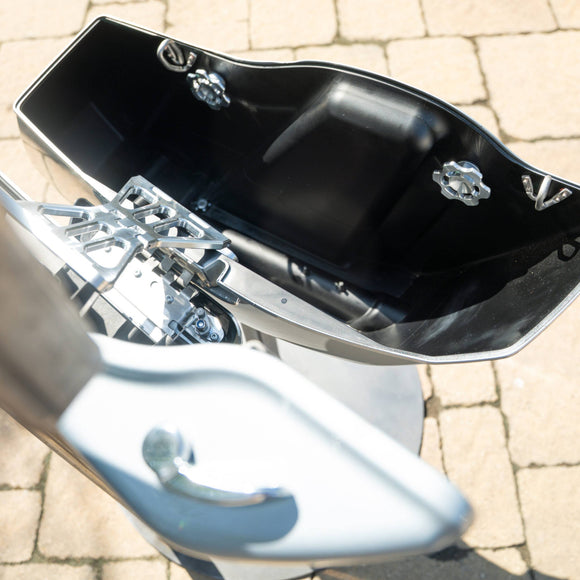 Speed by Design Billet Saddlebag Lid Tethers for Harley Davidson Touring Motorcycles in Raw on a Motorcycle