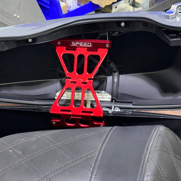 Speed by Design Billet Saddlebag Lid Tethers for Harley Davidson Touring Motorcycles in Red installed