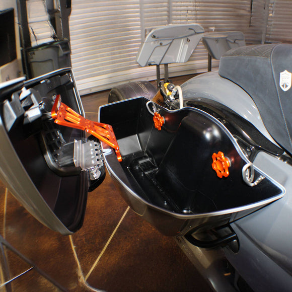 No Drama Speed Knobs for Harley Davidson Touring Models by Speed by Design in Orange installed on 2024 road glide motorcycle