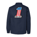 Speed Kings Navy blue coaches jacket with a large number '1' design on the back, featuring stars and stripes, on a white background.