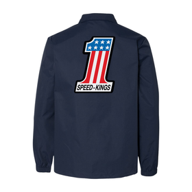 Speed Kings Navy blue coaches jacket with a large number '1' design on the back, featuring stars and stripes, on a white background.