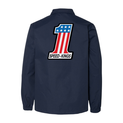 Speed Kings Navy blue coaches jacket with a large number '1' design on the back, featuring stars and stripes, on a white background.