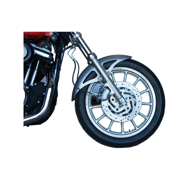 RWD V-Twin Retro 14-gauge steel front fender for Harley-Davidson 39mm Dyna/FXR/Sportster narrow-glide, 4.75" recessed to 4.5" at bolting surface, laser-trimmed, direct bolt-on, Made in USA