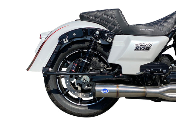 RWD V-Twin RS-2 touring rear shock absorber installed on motorcycle rear wheel