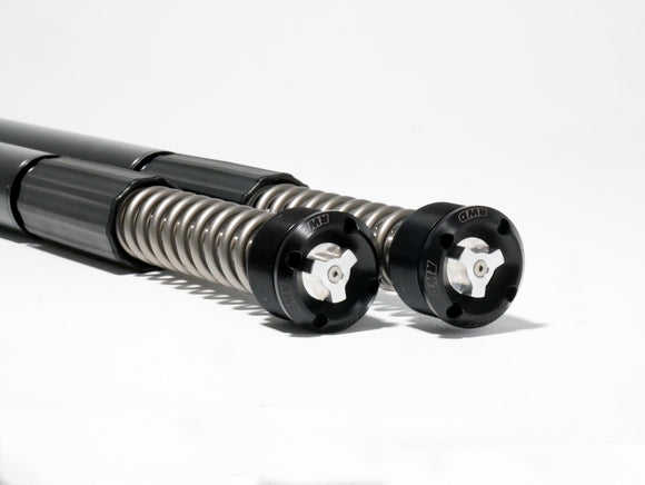 Two RWD V-Twin motorcycle fork cartridges with exposed springs and black adjustable caps, featuring the RWD logo, on a white background.