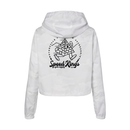 White crop anorak womens moto jacket weatherproo with black Speed Kings running pyramid graphic and text on the back against a white background