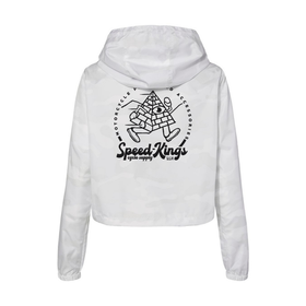 White crop anorak womens moto jacket weatherproo with black Speed Kings running pyramid graphic and text on the back against a white background