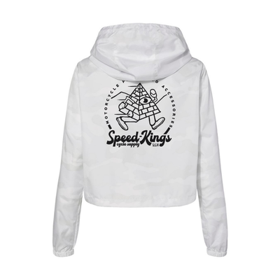 White crop anorak womens moto jacket weatherproo with black Speed Kings running pyramid graphic and text on the back against a white background