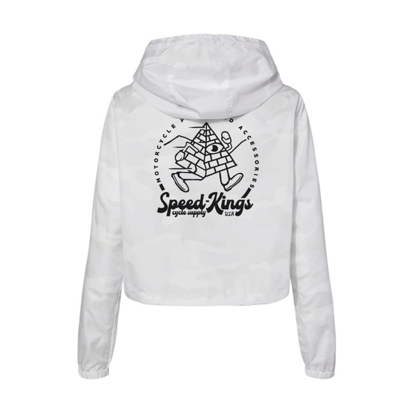White crop anorak womens moto jacket weatherproo with black Speed Kings running pyramid graphic and text on the back against a white background