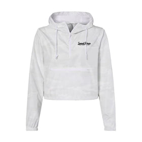 White cropped anorak jacket for women with speed-kings logo text on a white background