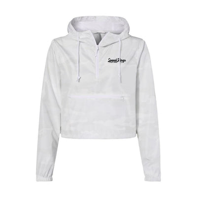 White cropped anorak jacket for women with speed-kings logo text on a white background