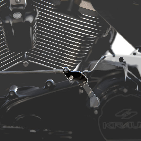 Illustration of a black Kraus EZ-SHIFT shifter for M8 Bagger and Softail motorcycles, made of billet aluminum