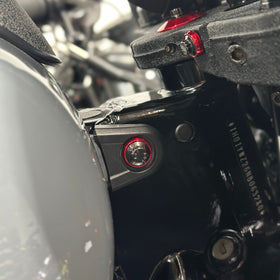 Harley-Davidson Softail tank bolt close-up with ARP stainless bolt and red powder-coated Bamco 7075 billet aluminum washer