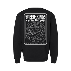 Black sweatshirt with 'Speed-Kings Cycle Supply' graphic on a white background