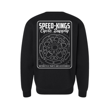 Black sweatshirt with 'Speed-Kings Cycle Supply' graphic on a white background